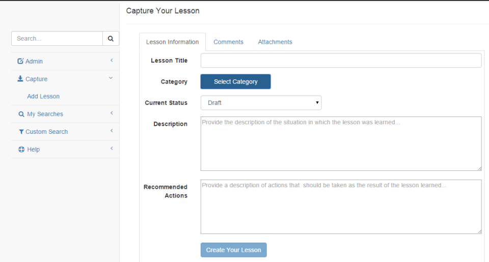 screenshot of Lessons Learned Database